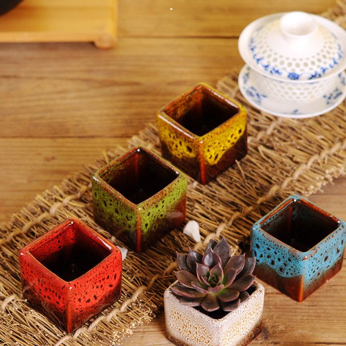 厂家直销批发韩式多肉四方陶瓷花盆拇指多肉花盆迷你窑变小花盆