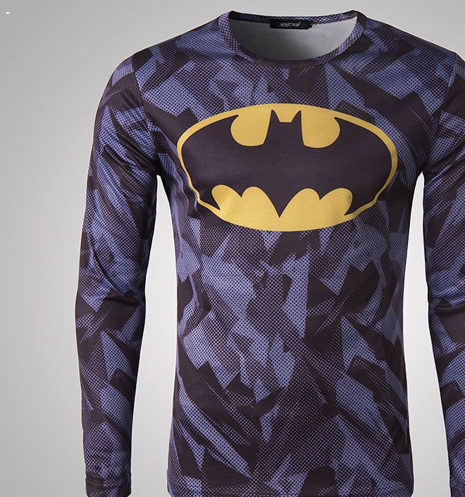 外贸热销新款男士3d印花复仇者蝙蝠侠休闲长袖速干衣t恤